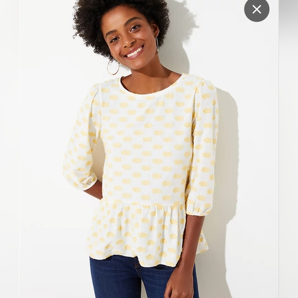 Women's LOFT clip dot peplum blouse. Medium. Like new.‎ Polka dots yellow white - Picture 2 of 8
